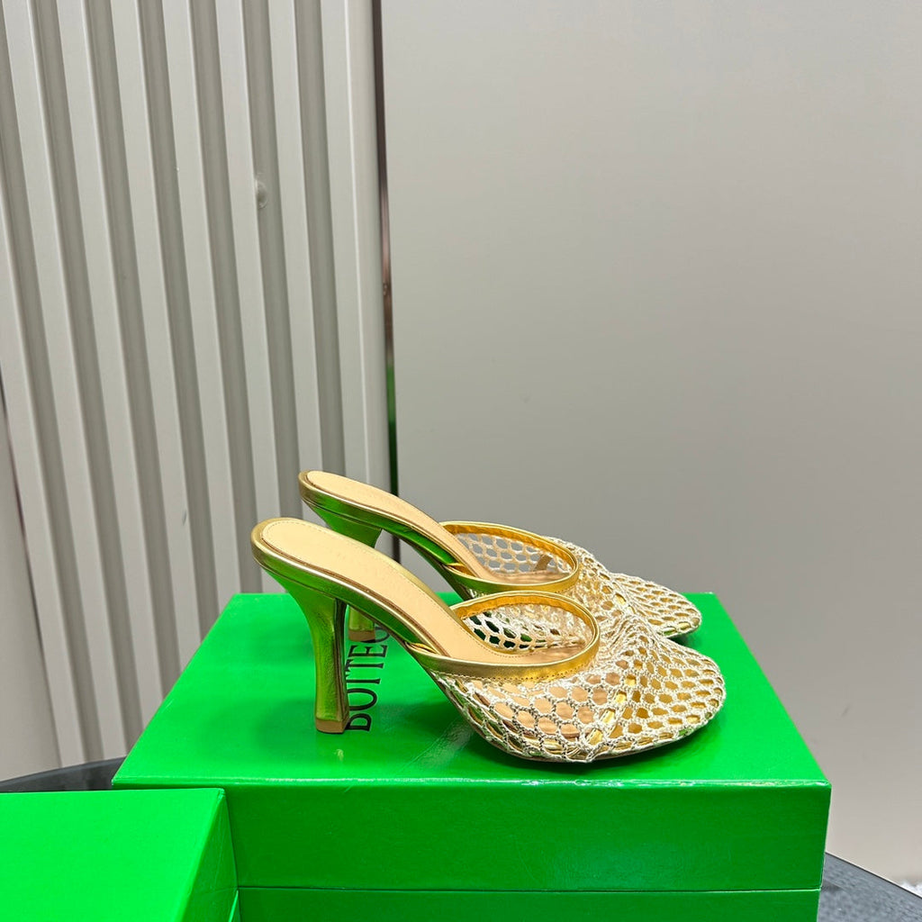 HIGH MULE 9 CM IN GOLD METALLIZE MESH AND LEATHER
