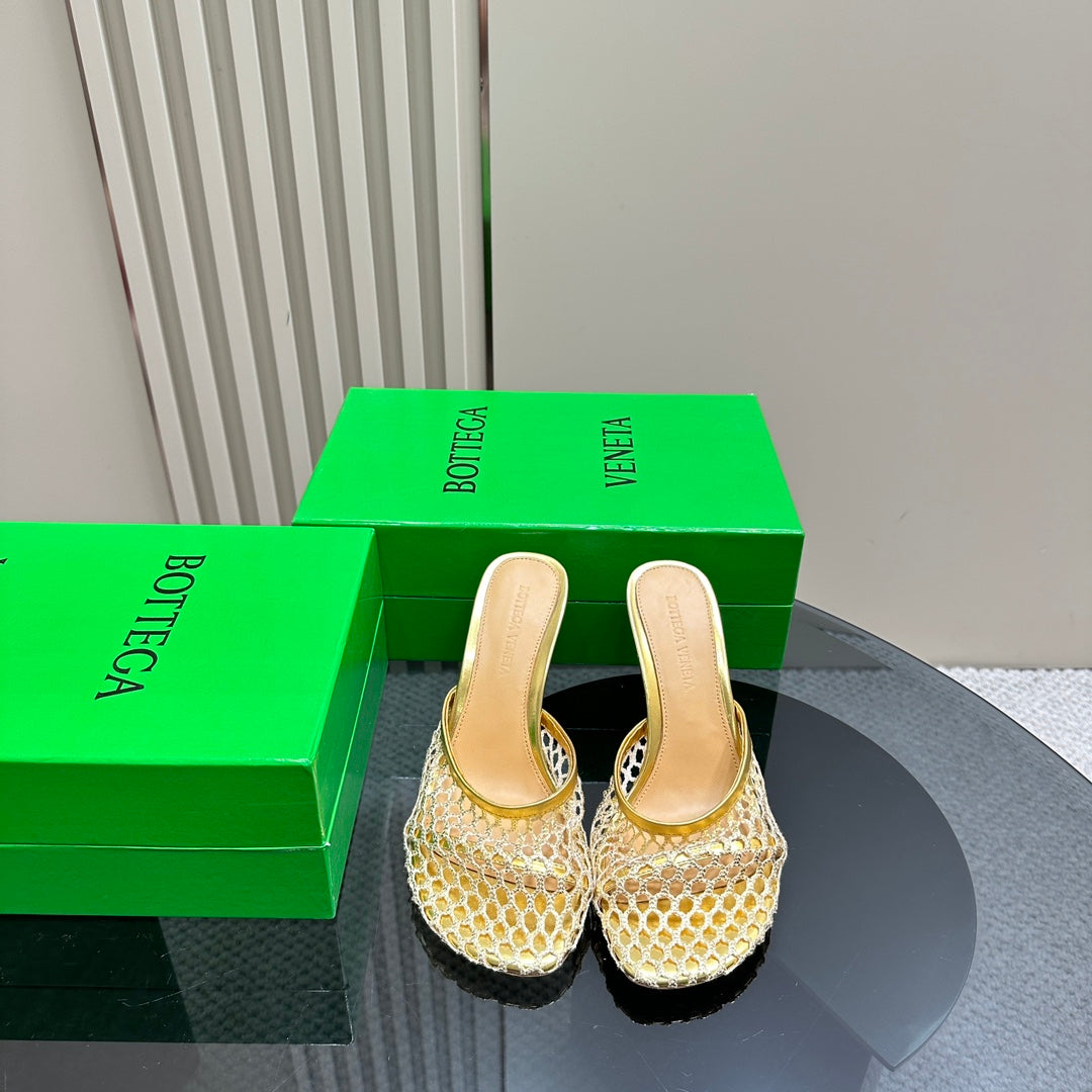 HIGH MULE 9 CM IN GOLD METALLIZE MESH AND LEATHER