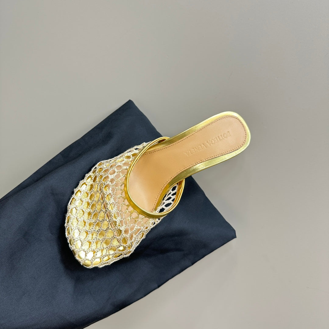HIGH MULE 9 CM IN GOLD METALLIZE MESH AND LEATHER