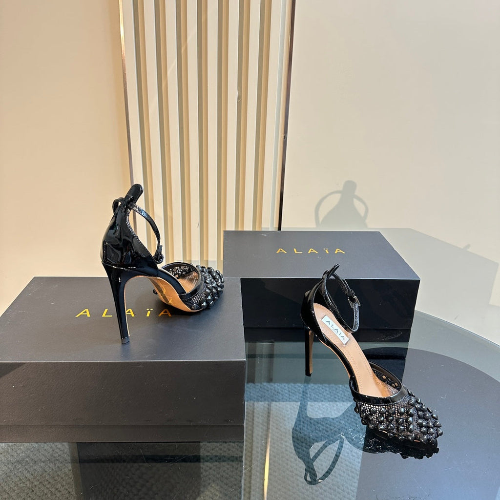 ALAIA HIGH FISHNET PUMPS WITH STUDS IN BLACK LYCRA MESH AND LAMBSKIN