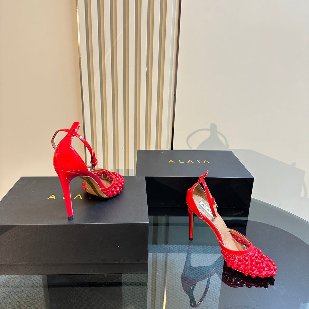 ALAIA HIGH FISHNET PUMPS WITH STUDS IN CHERRY RED LYCRA MESH AND LAMBSKIN