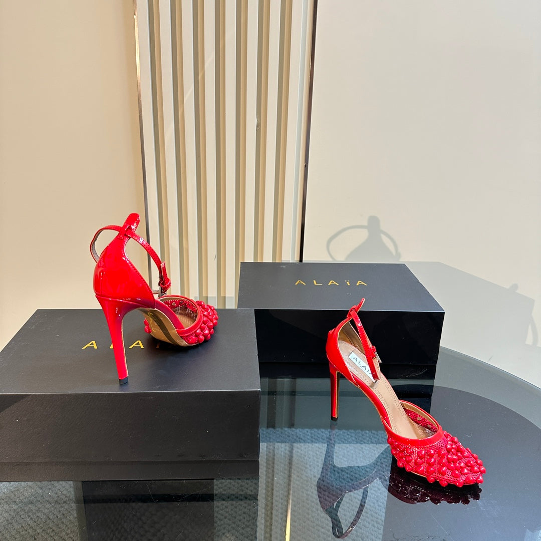 ALAIA HIGH FISHNET PUMPS WITH STUDS IN CHERRY RED LYCRA MESH AND LAMBSKIN