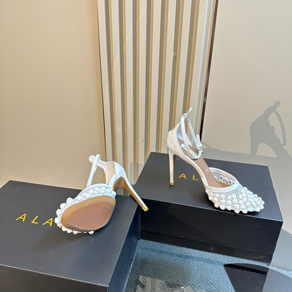 ALAIA HIGH FISHNET PUMPS WITH STUDS IN WHITE LYCRA MESH AND LAMBSKIN