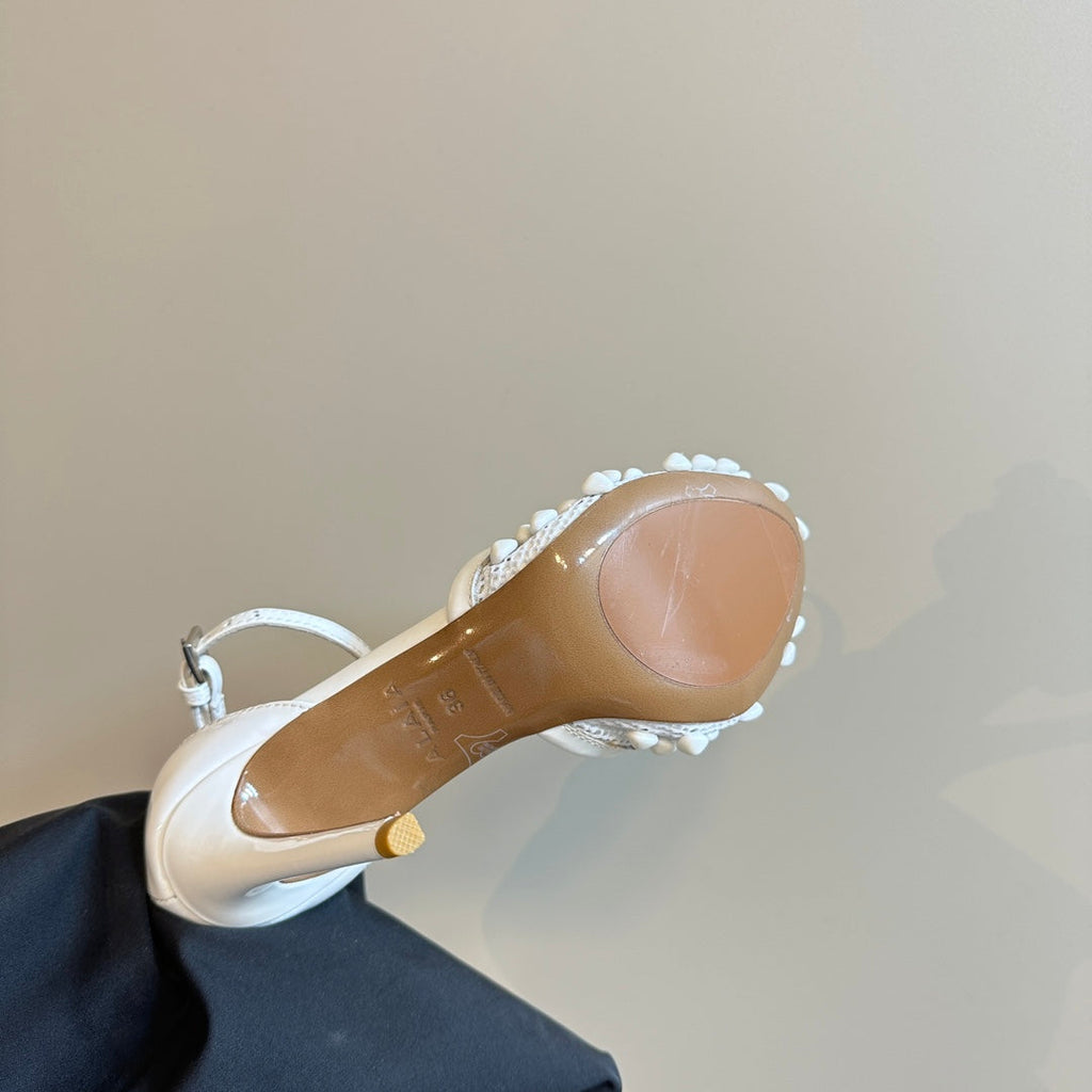 ALAIA HIGH FISHNET PUMPS WITH STUDS IN WHITE LYCRA MESH AND LAMBSKIN