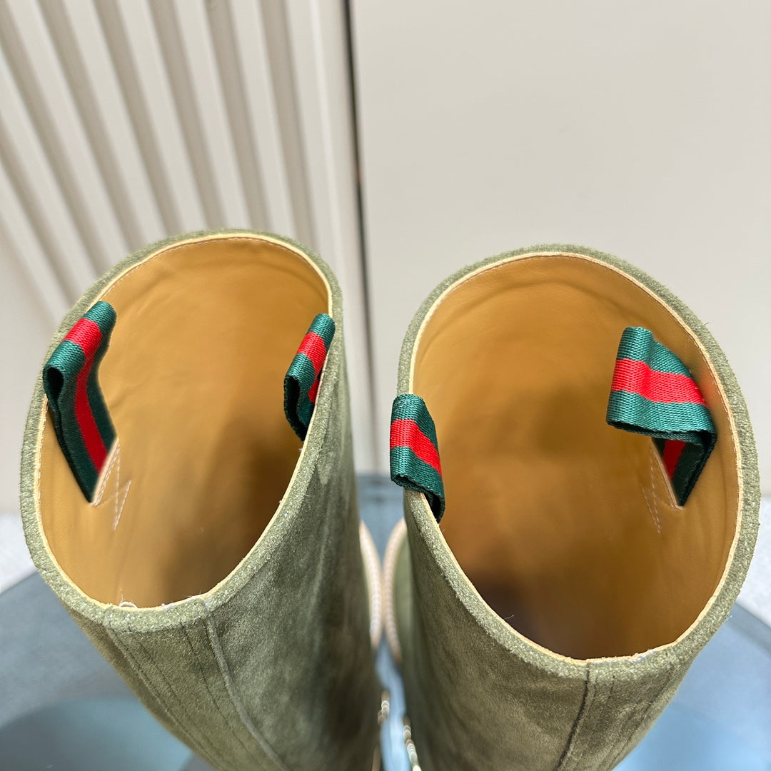 SLIM HORSEBIT KNEE BOOTS WITH WEB IN KHAKI GREEN SUEDE