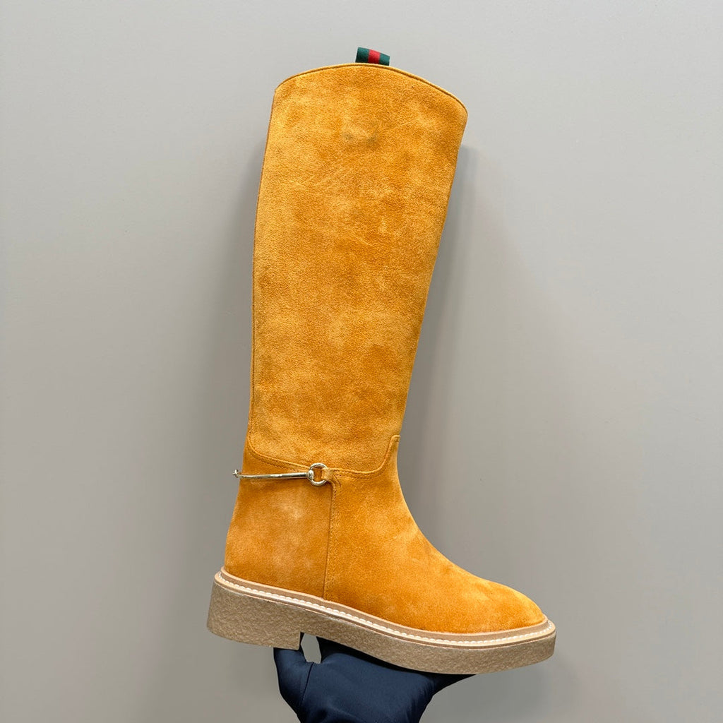SLIM HORSEBIT KNEE BOOTS WITH WEB IN HONEY ORANGE SUEDE