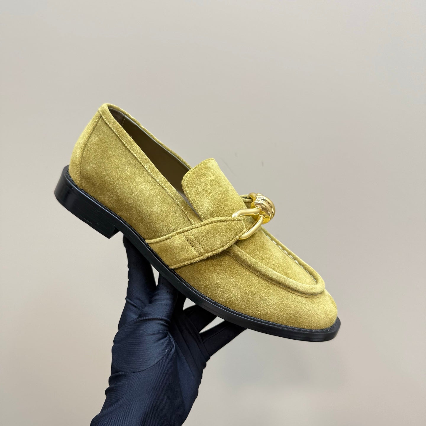 ASTAIRE LOAFER IN OLIVE GREEN SUEDE WITH GOLD HARDWARE