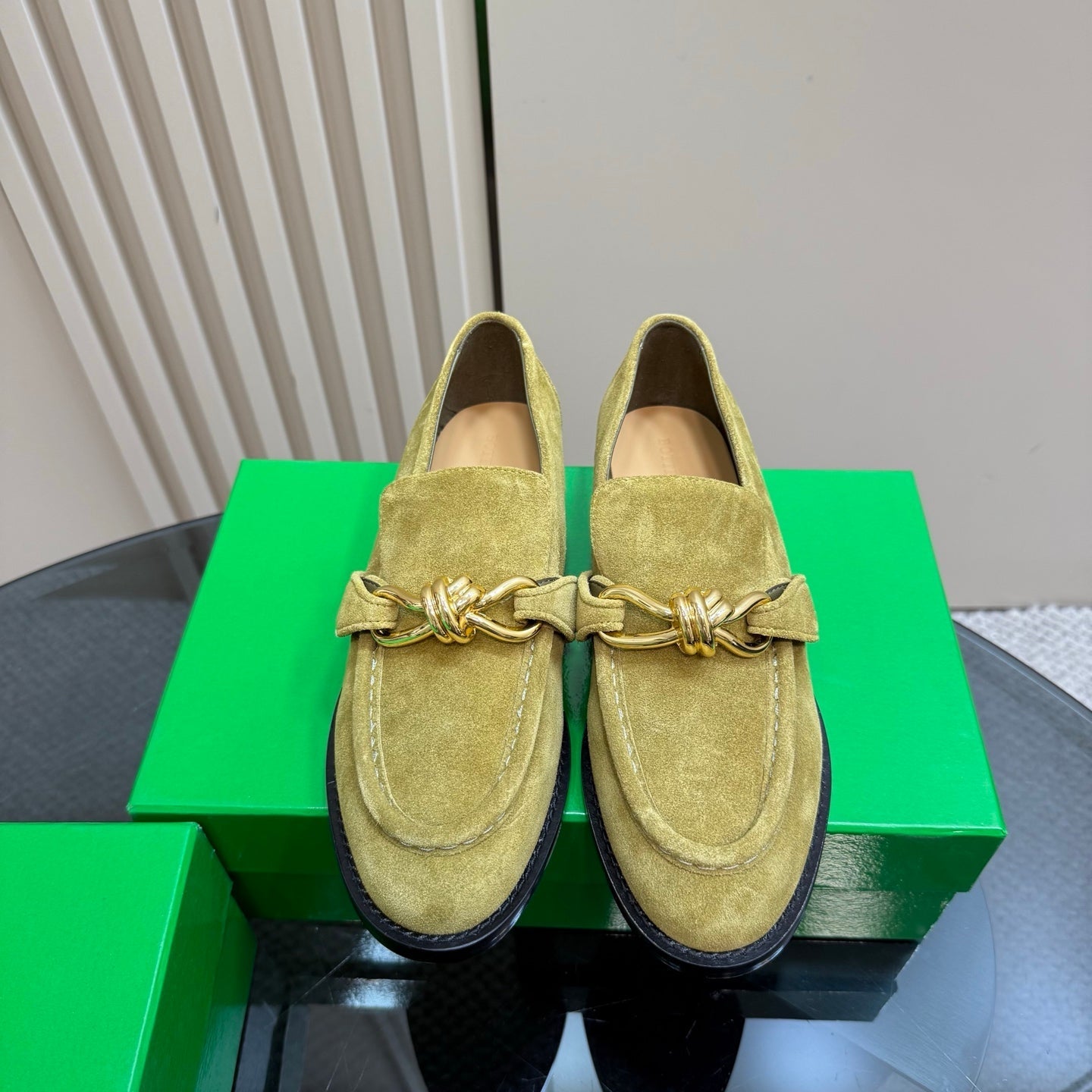 ASTAIRE LOAFER IN OLIVE GREEN SUEDE WITH GOLD HARDWARE