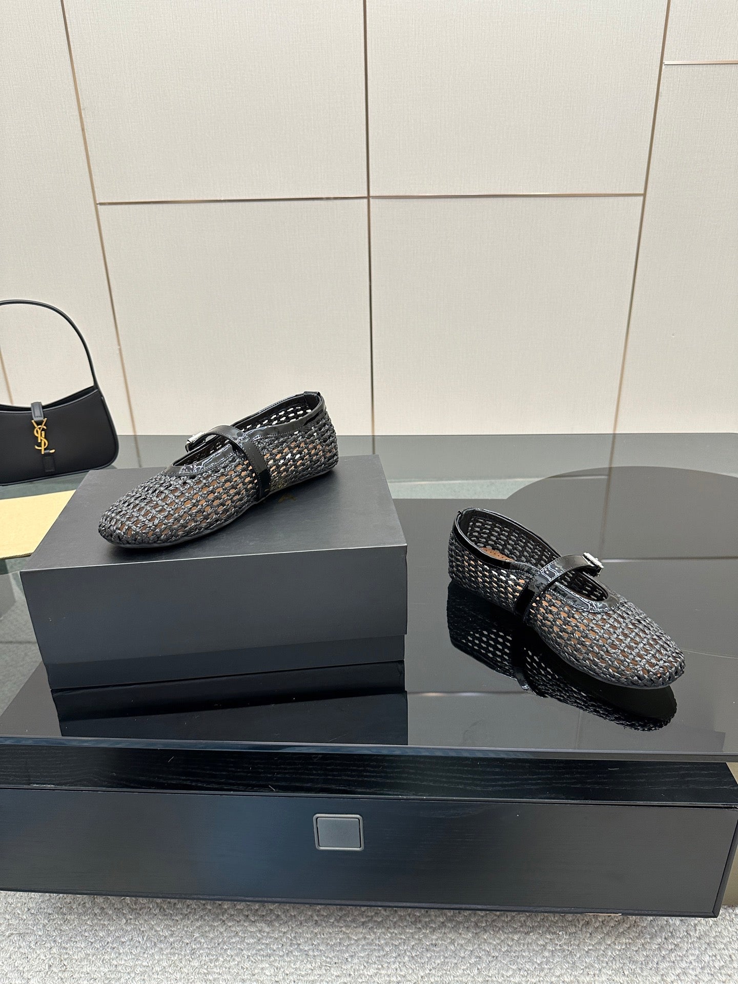 ALAIA MARY JANE FLAT 25S IN CHARCOAL GREY WOVEN MESH