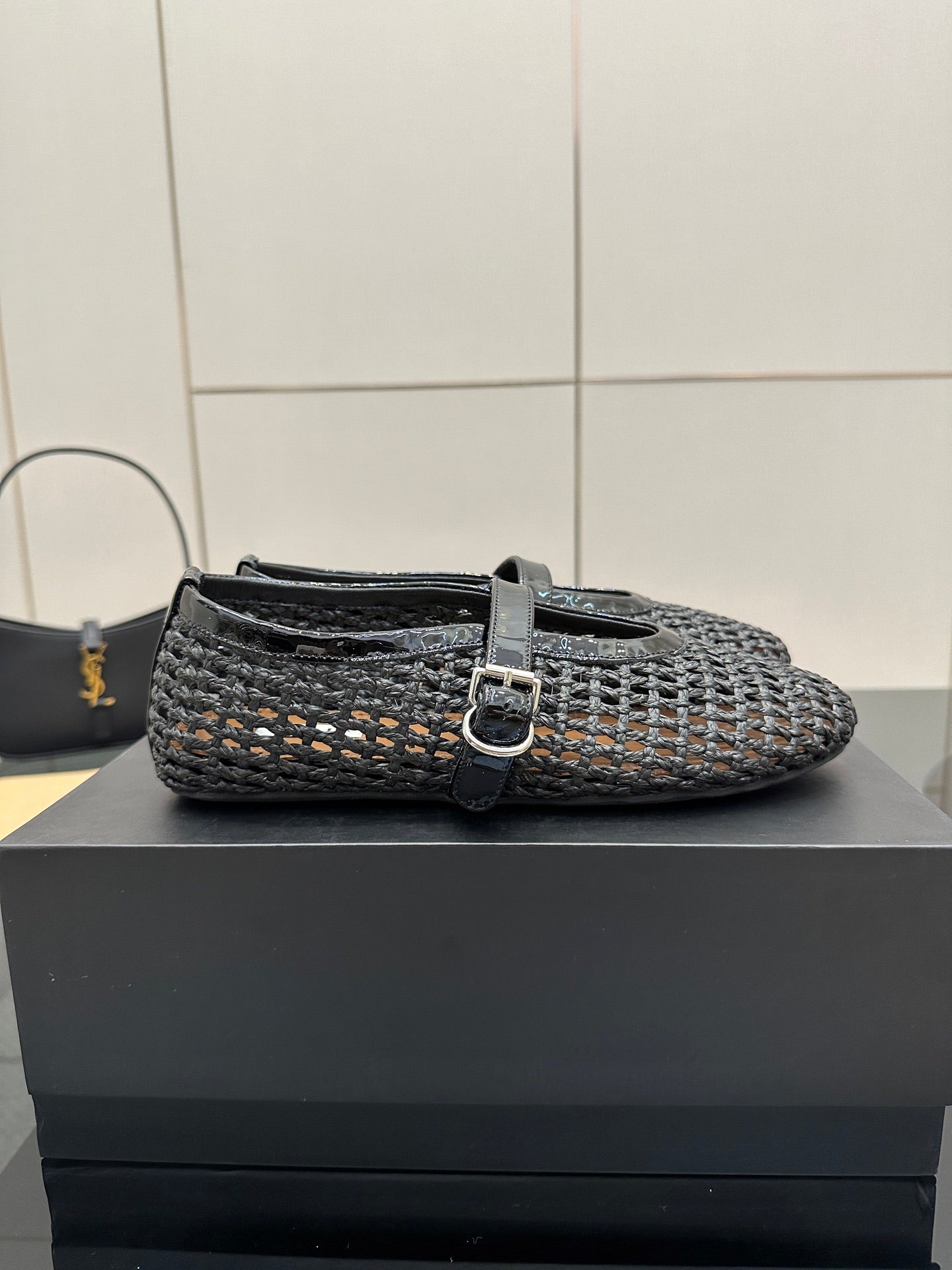 ALAIA MARY JANE FLAT 25S IN CHARCOAL GREY WOVEN MESH