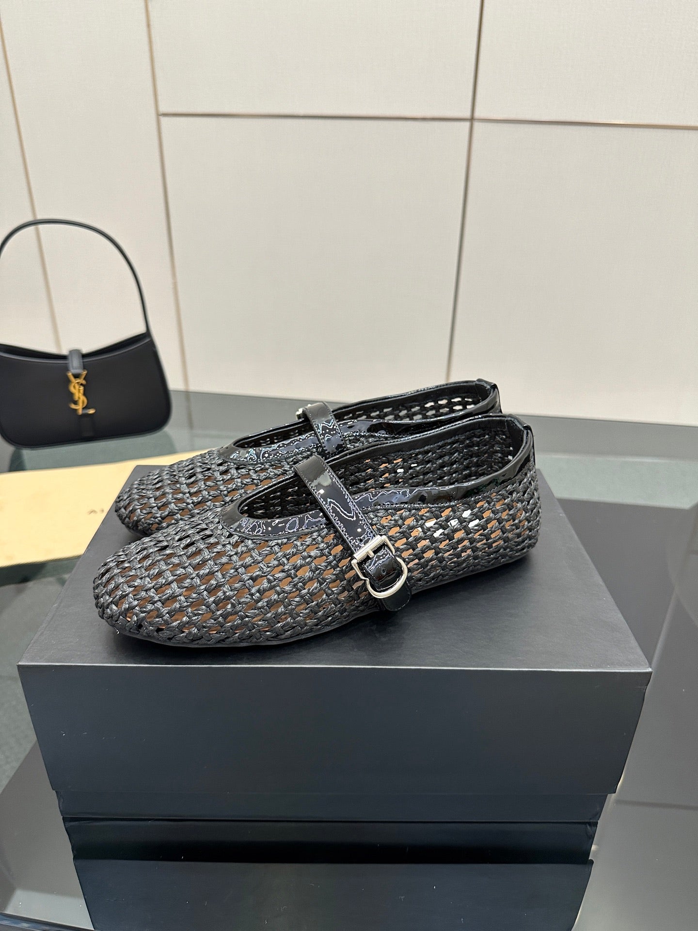 ALAIA MARY JANE FLAT 25S IN CHARCOAL GREY WOVEN MESH