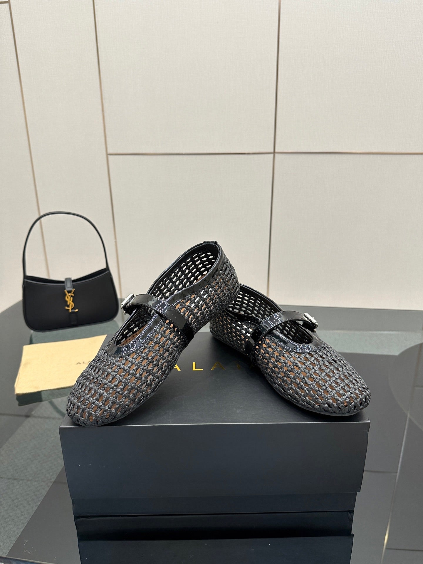 ALAIA MARY JANE FLAT 25S IN CHARCOAL GREY WOVEN MESH