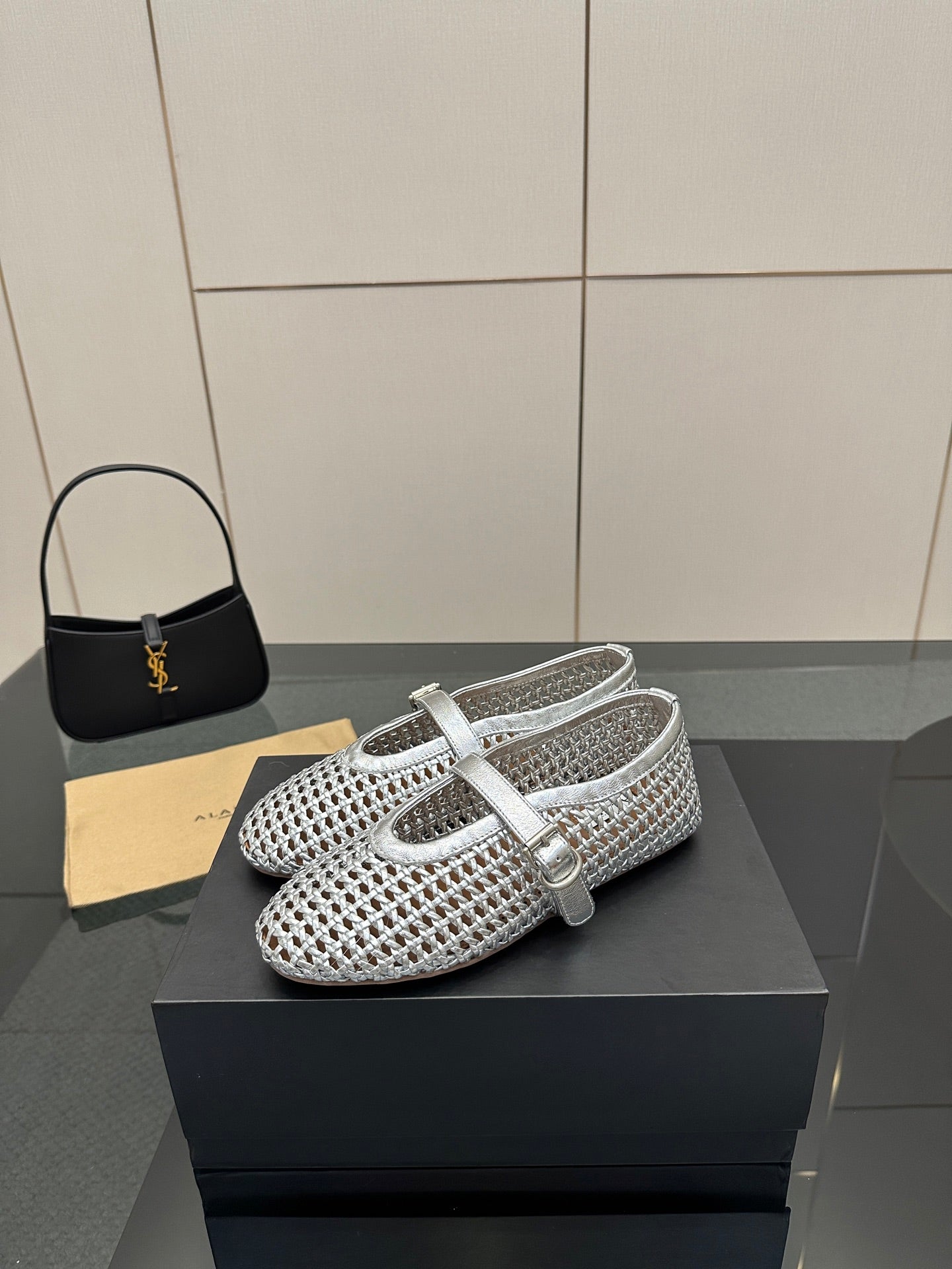 ALAIA MARY JANE FLAT 25S IN SILVER WOVEN MESH