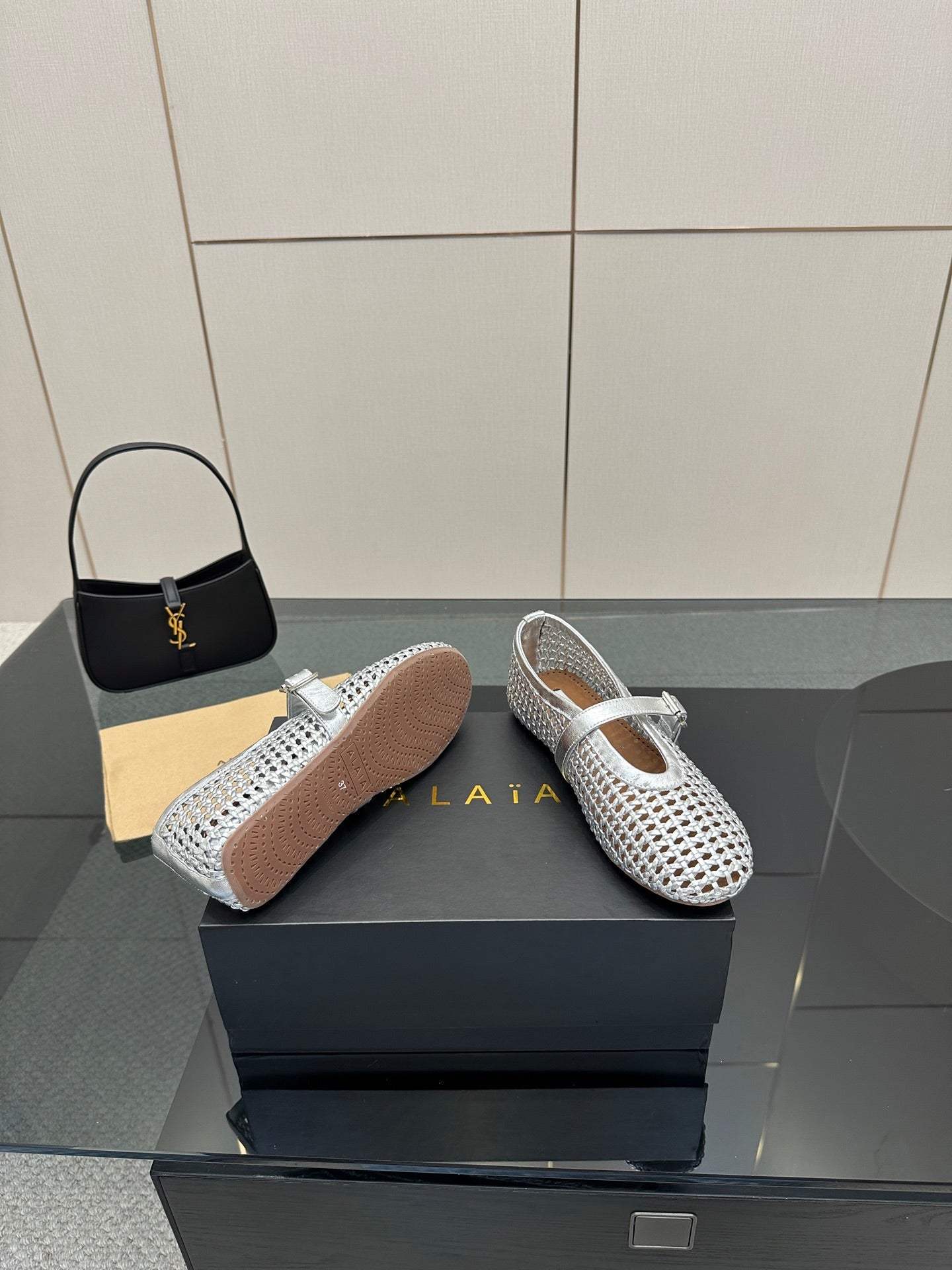 ALAIA MARY JANE FLAT 25S IN SILVER WOVEN MESH