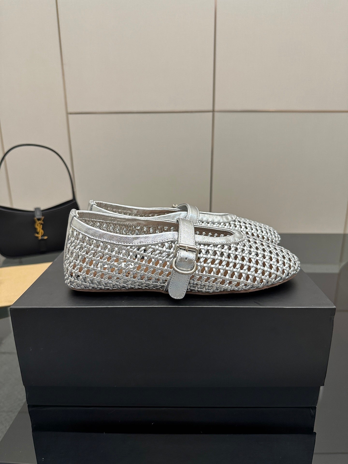 ALAIA MARY JANE FLAT 25S IN SILVER WOVEN MESH