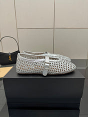 ALAIA MARY JANE FLAT 25S IN SILVER WOVEN MESH