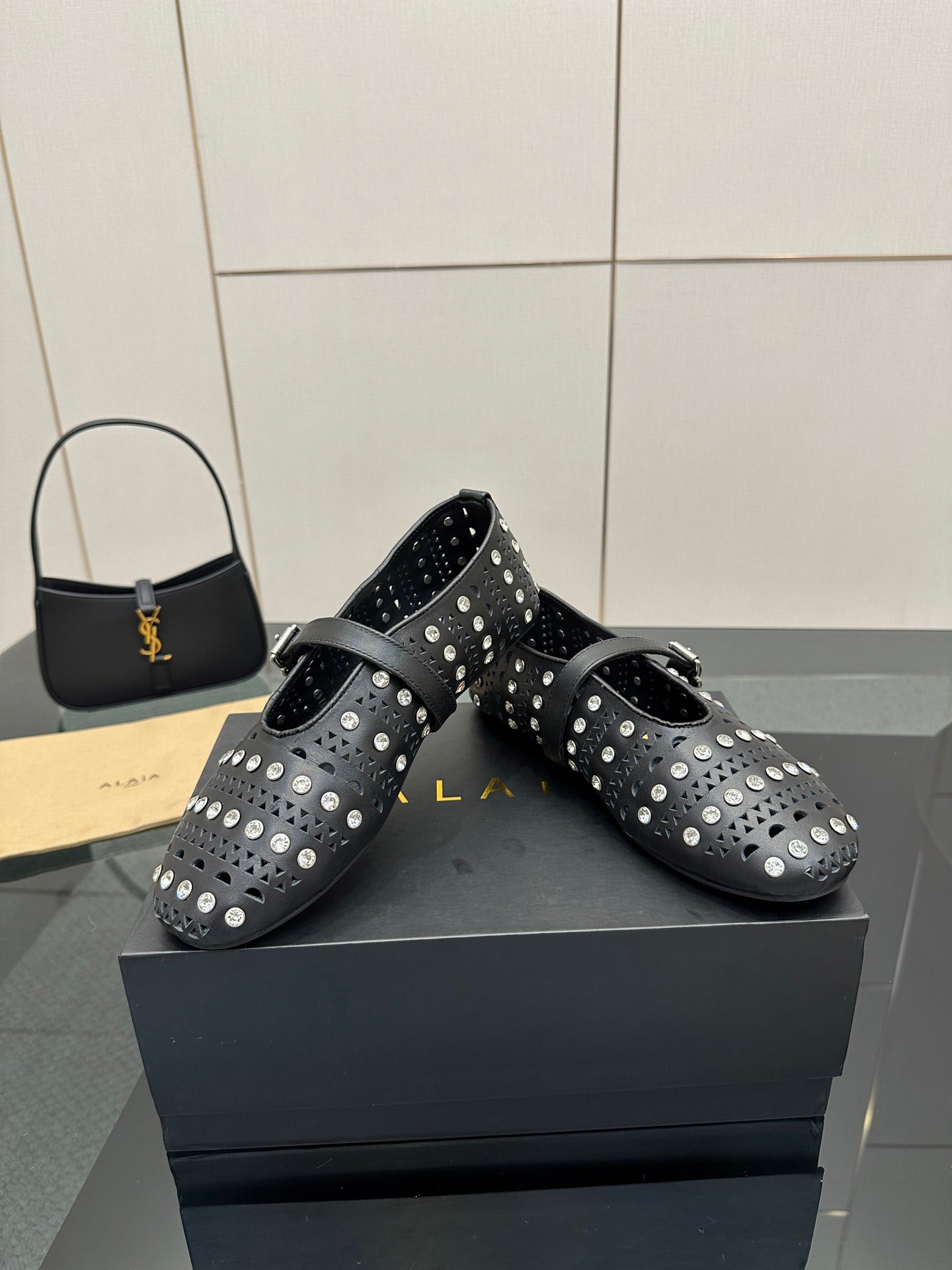 ALAIA BALLET SHOES 25S IN BLACK LAMBSKIN WITH CRYSTAL DETAILING