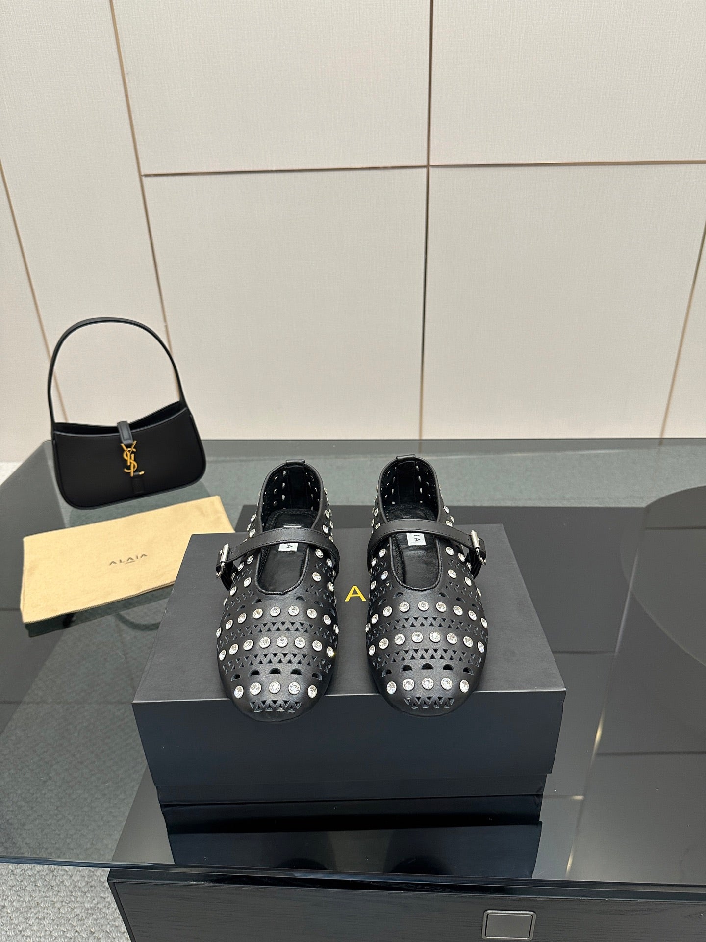 ALAIA BALLET SHOES 25S IN BLACK LAMBSKIN WITH CRYSTAL DETAILING