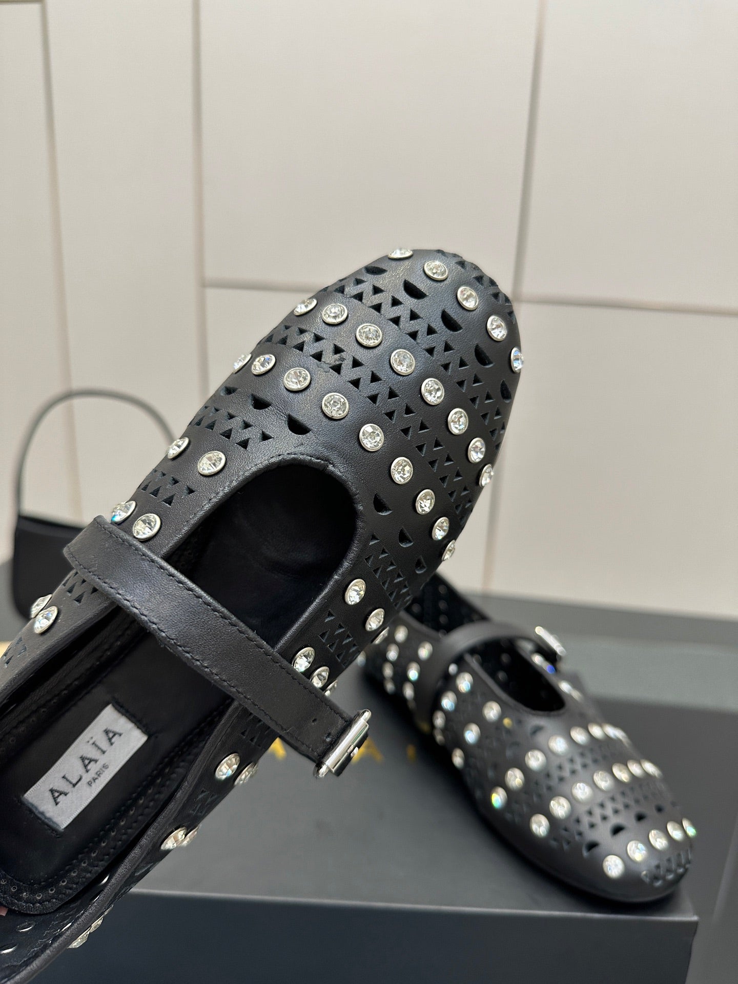 ALAIA BALLET SHOES 25S IN BLACK LAMBSKIN WITH CRYSTAL DETAILING