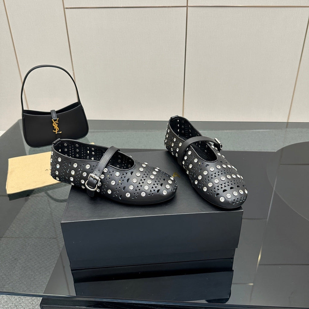 ALAIA BALLET SHOES 25S IN BLACK LAMBSKIN WITH CRYSTAL DETAILING