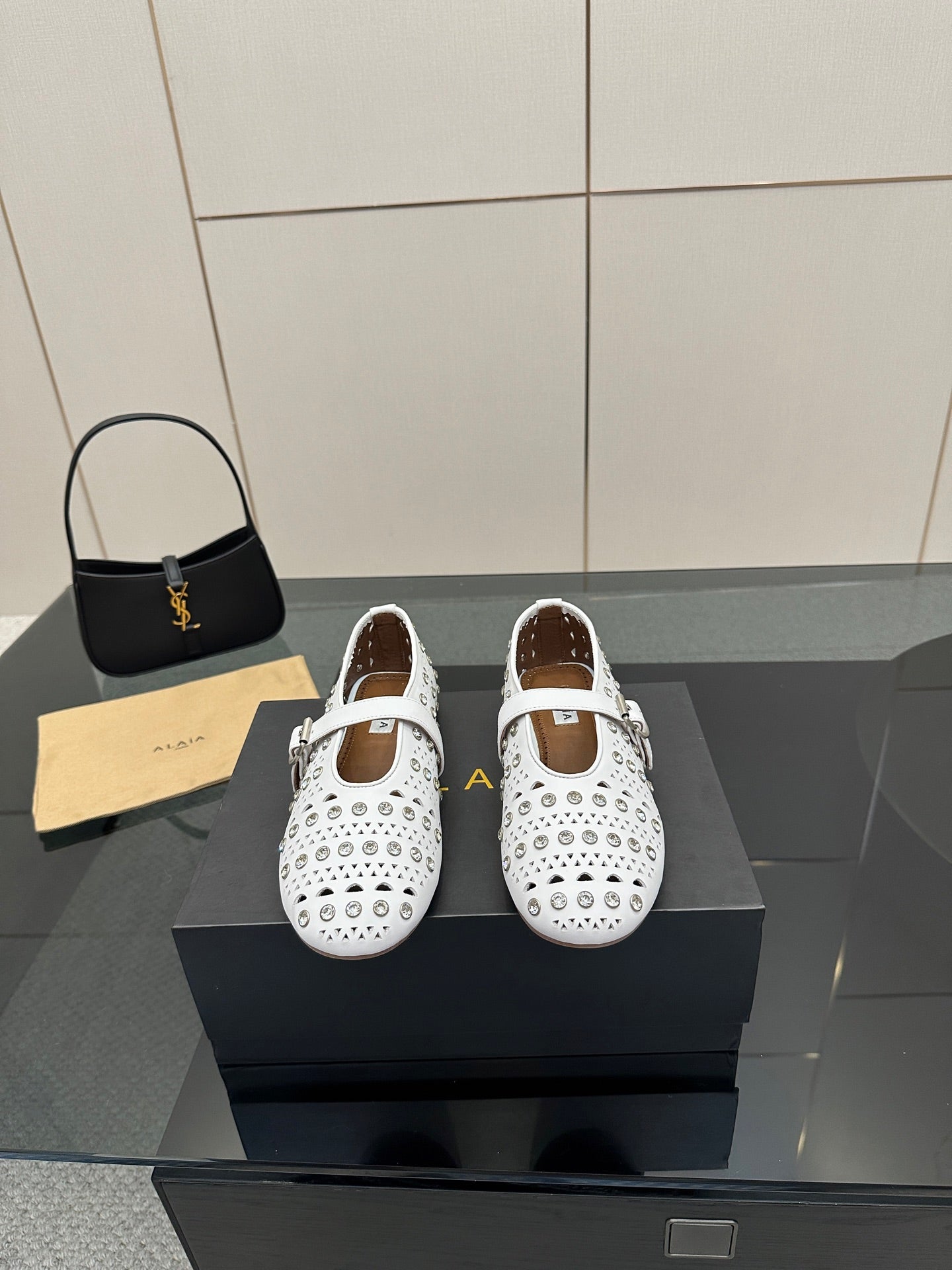 ALAIA BALLET SHOES 25S IN WHITE LAMBSKIN WITH CRYSTAL DETAILING