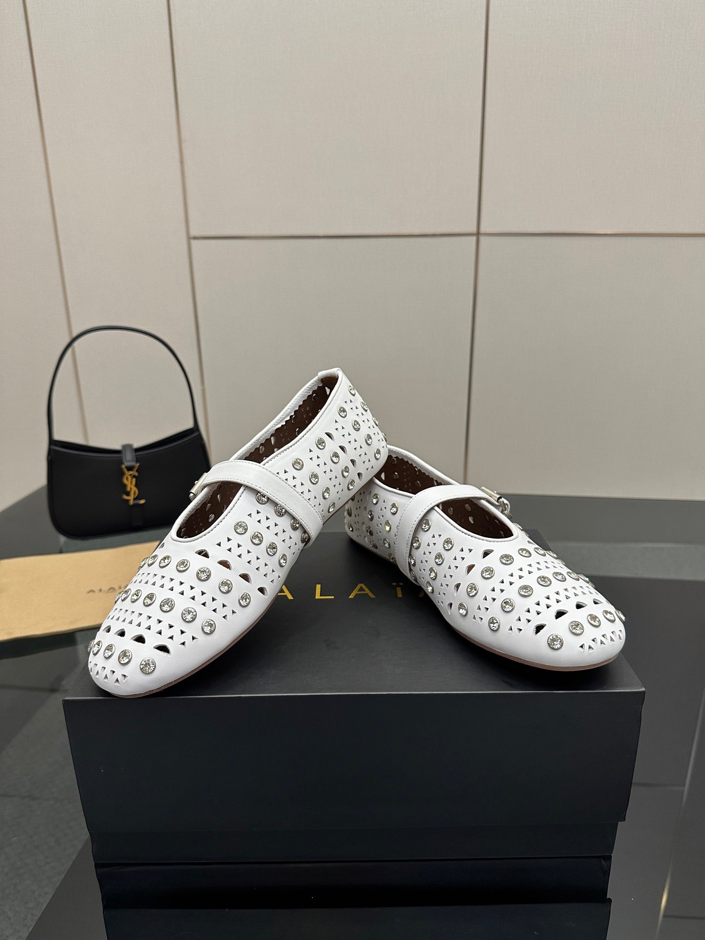 ALAIA BALLET SHOES 25S IN WHITE LAMBSKIN WITH CRYSTAL DETAILING