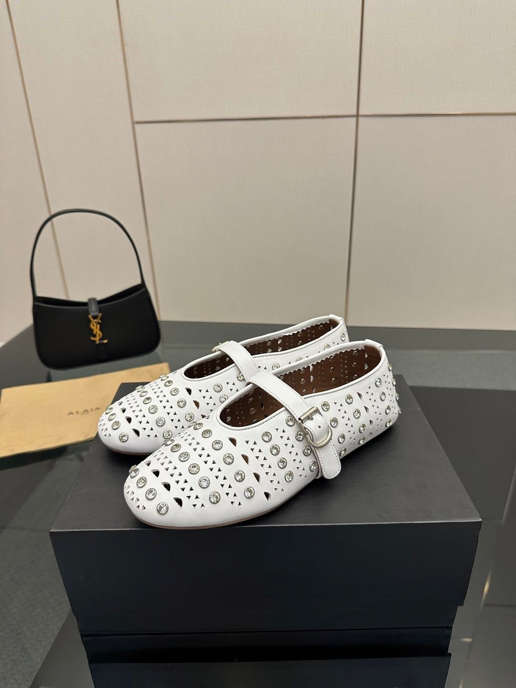 ALAIA BALLET SHOES 25S IN WHITE LAMBSKIN WITH CRYSTAL DETAILING