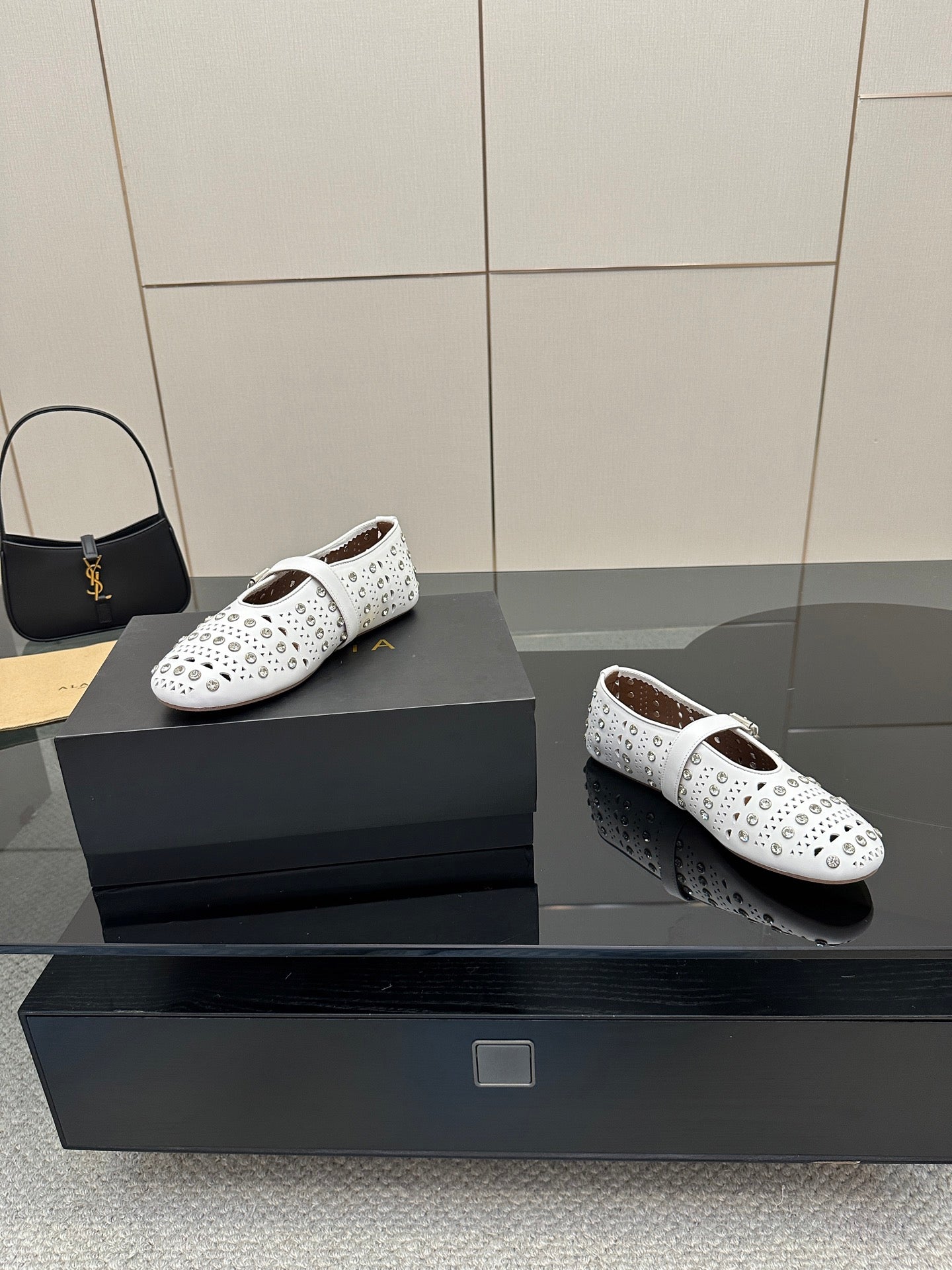 ALAIA BALLET SHOES 25S IN WHITE LAMBSKIN WITH CRYSTAL DETAILING