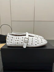 ALAIA BALLET SHOES 25S IN WHITE LAMBSKIN WITH CRYSTAL DETAILING