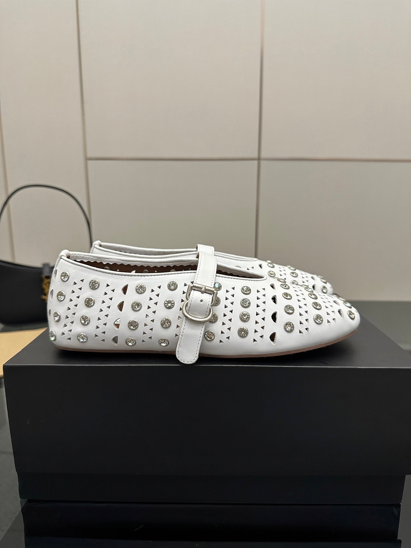 ALAIA BALLET SHOES 25S IN WHITE LAMBSKIN WITH CRYSTAL DETAILING