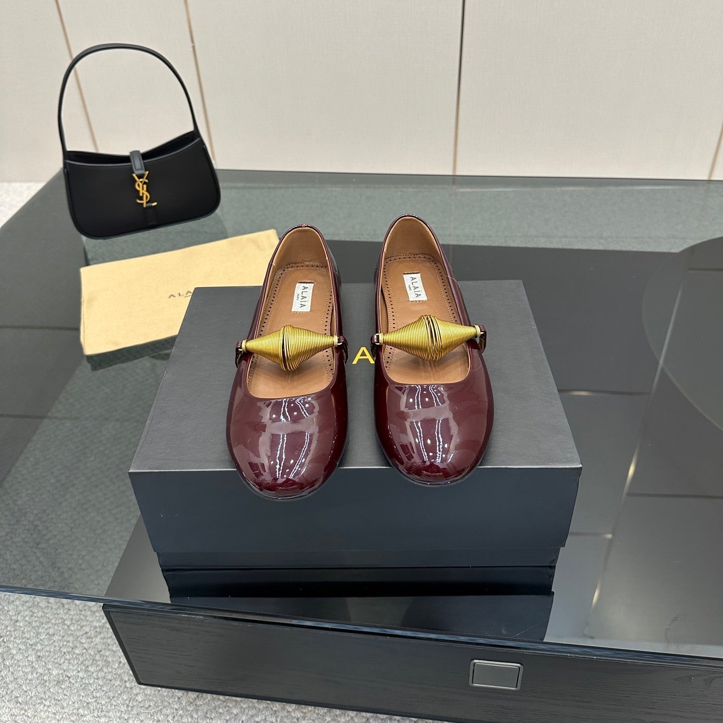 ALAIA BALLET SHOES 25S IN DARK RED PATENT LEATHER WITH GOLD HARDWARE