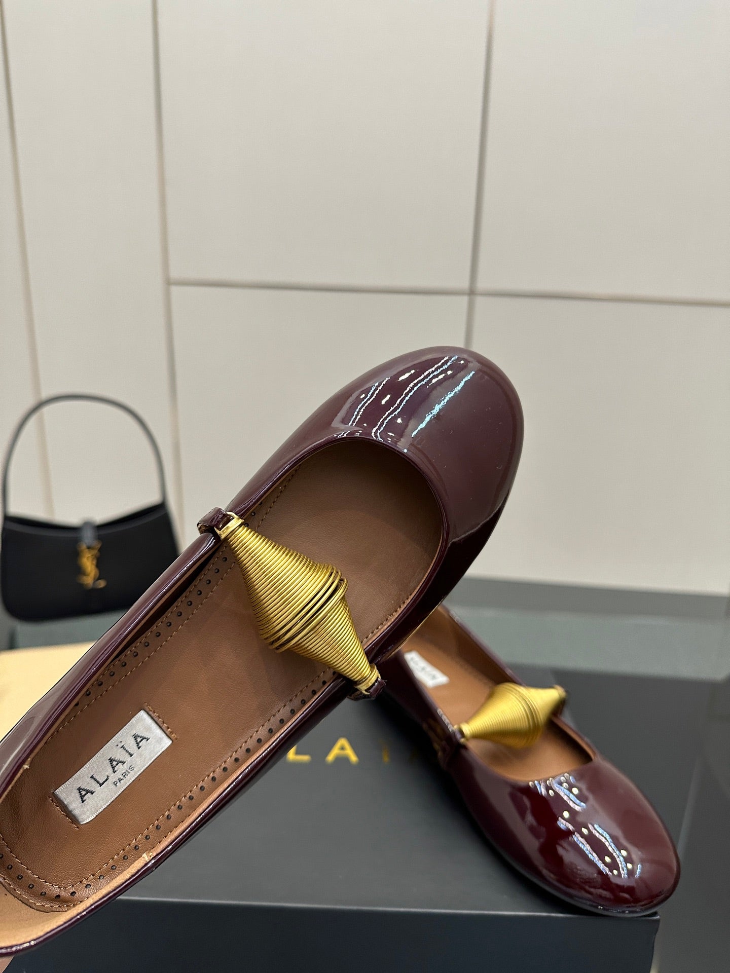 ALAIA BALLET SHOES 25S IN DARK RED PATENT LEATHER WITH GOLD HARDWARE