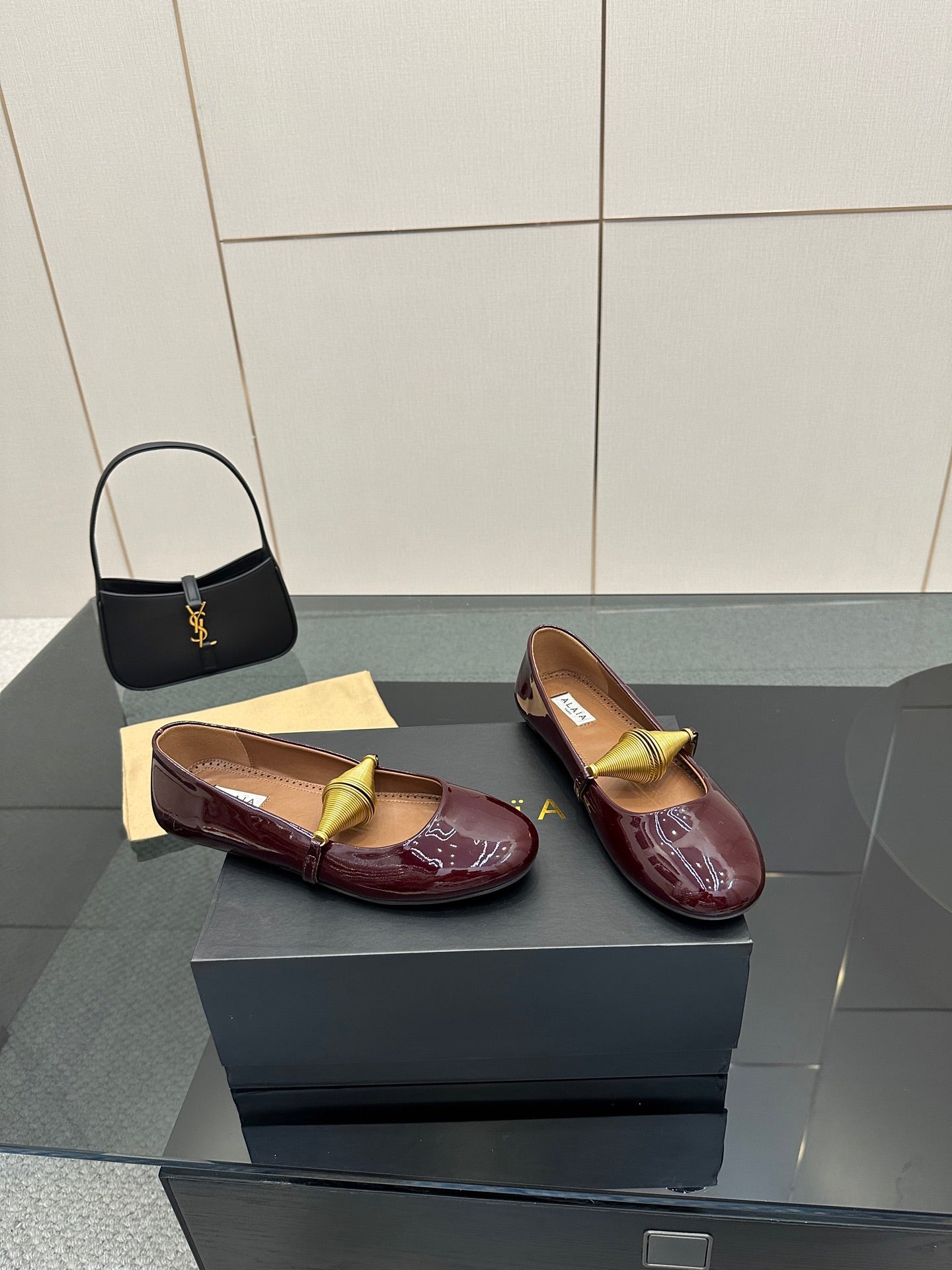 ALAIA BALLET SHOES 25S IN DARK RED PATENT LEATHER WITH GOLD HARDWARE