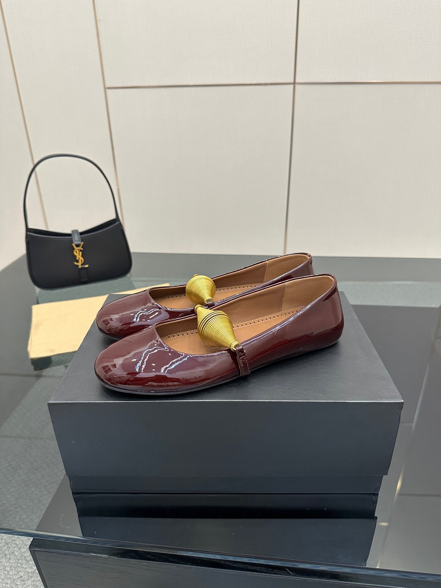 ALAIA BALLET SHOES 25S IN DARK RED PATENT LEATHER WITH GOLD HARDWARE