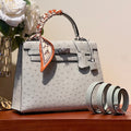 KELLY SELLIER 25 BAG IN PALE GRAY OSTRICH LEATHER WITH SILVER HARDWARE