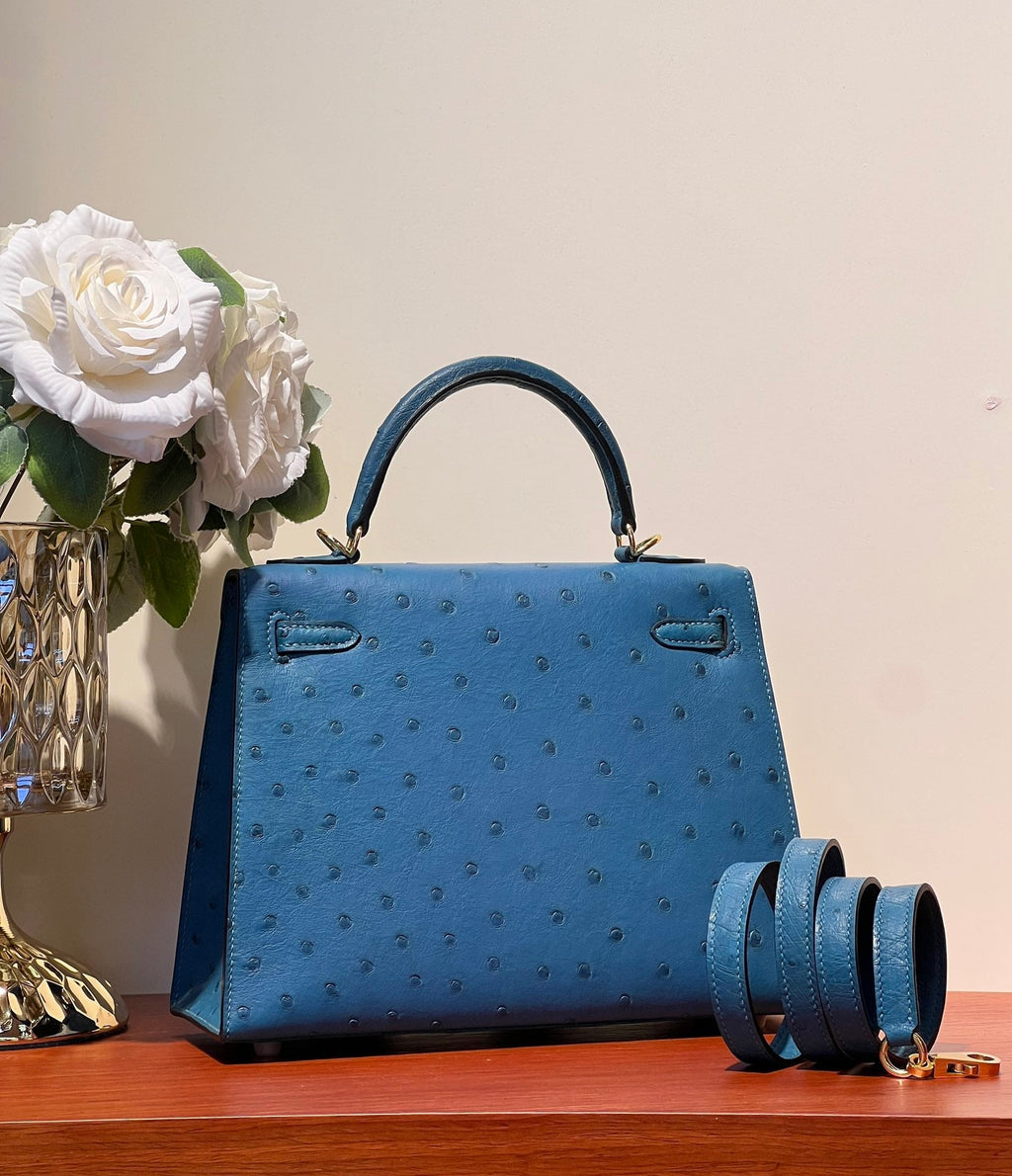 KELLY  SELLIER 25 BAG IN ROYAL BLUE OSTRICH LEATHER