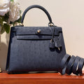 KELLY SELLIER 25 BAG IN PRUSSIAN BLUE OSTRICH LEATHER WITH GOLD HARDWARE