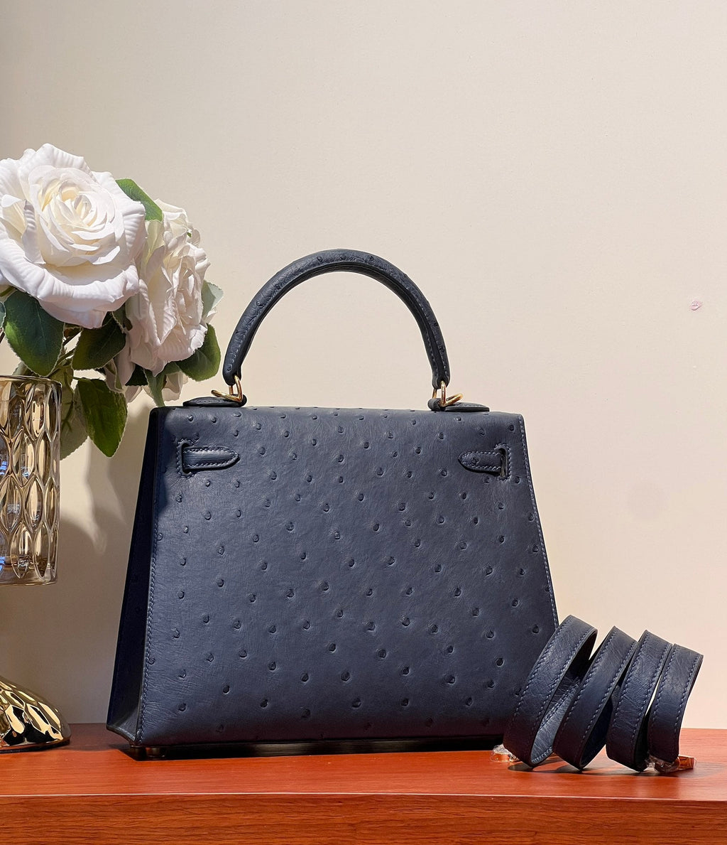 KELLY SELLIER 25 BAG IN PRUSSIAN BLUE OSTRICH LEATHER WITH GOLD HARDWARE
