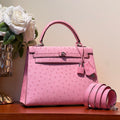 KELLY SELLIER 25 BAG IN DOLL PINK OSTRICH LEATHER WITH SILVER HARDWARE
