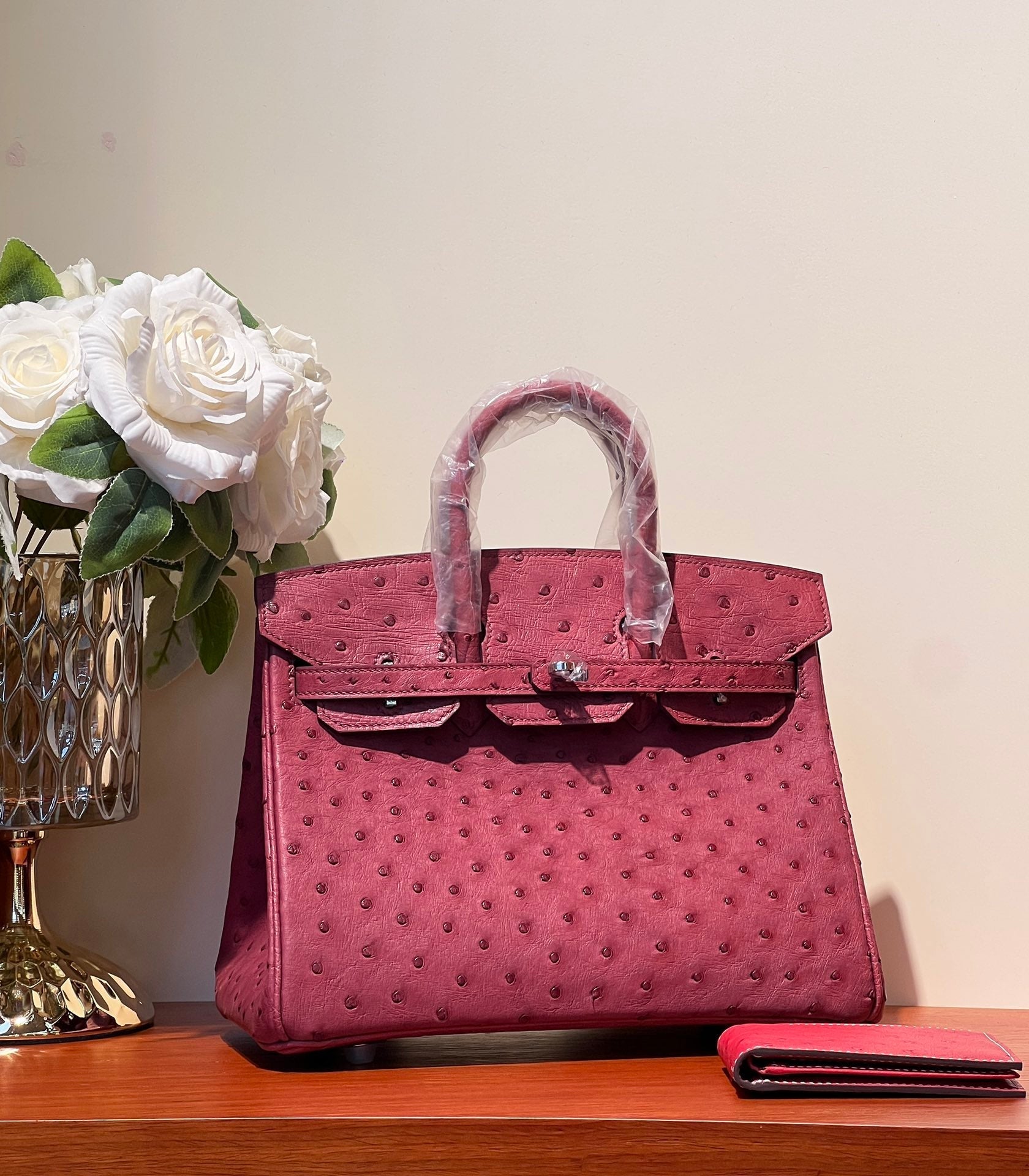 KELLY SELLIER 25 BAG IN CURRANT RED OSTRICH LEATHER WITH SILVER HARDWARE