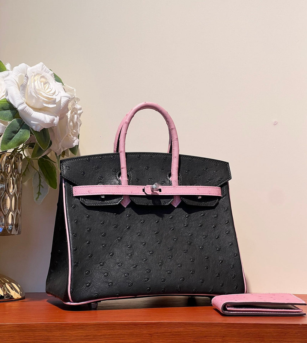 KELLY  SELLIER 25 BAG IN BLACK MIX BABY PINK OSTRICH LEATHER
