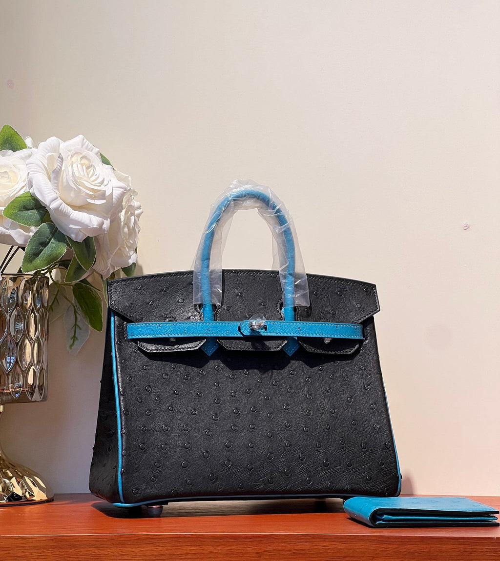 KELLY  SELLIER 25 BAG IN BLACK MIX OCEAN BLUE OSTRICH LEATHER