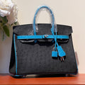 KELLY  SELLIER 25 BAG IN BLACK MIX OCEAN BLUE OSTRICH LEATHER