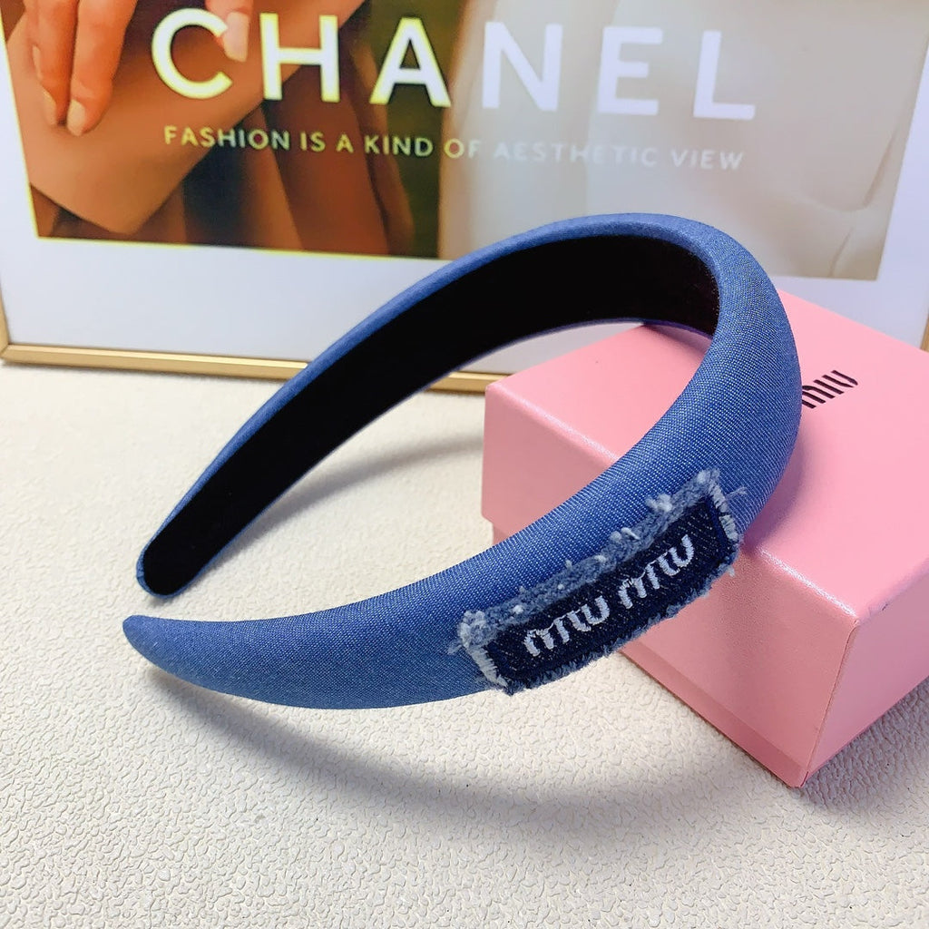THICK HAIRBAND IN AZURE BLUE DENIM EMBROIDERED LOGO 217589