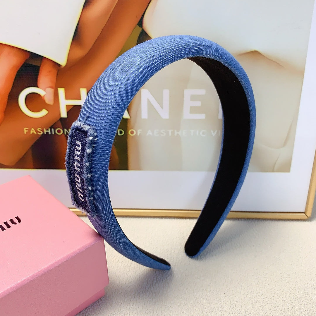 THICK HAIRBAND IN AZURE BLUE DENIM EMBROIDERED LOGO 217589