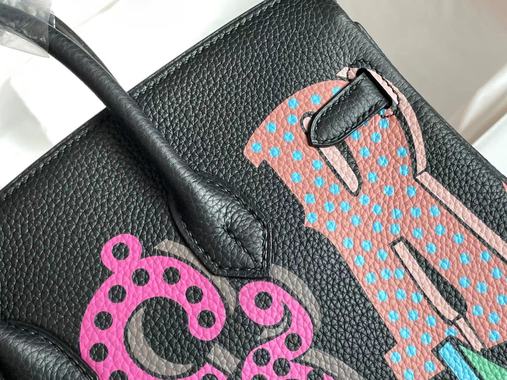 BIRKIN 25 BAG IN BLACK CALFSKIN WITH COLORFUL STICKER