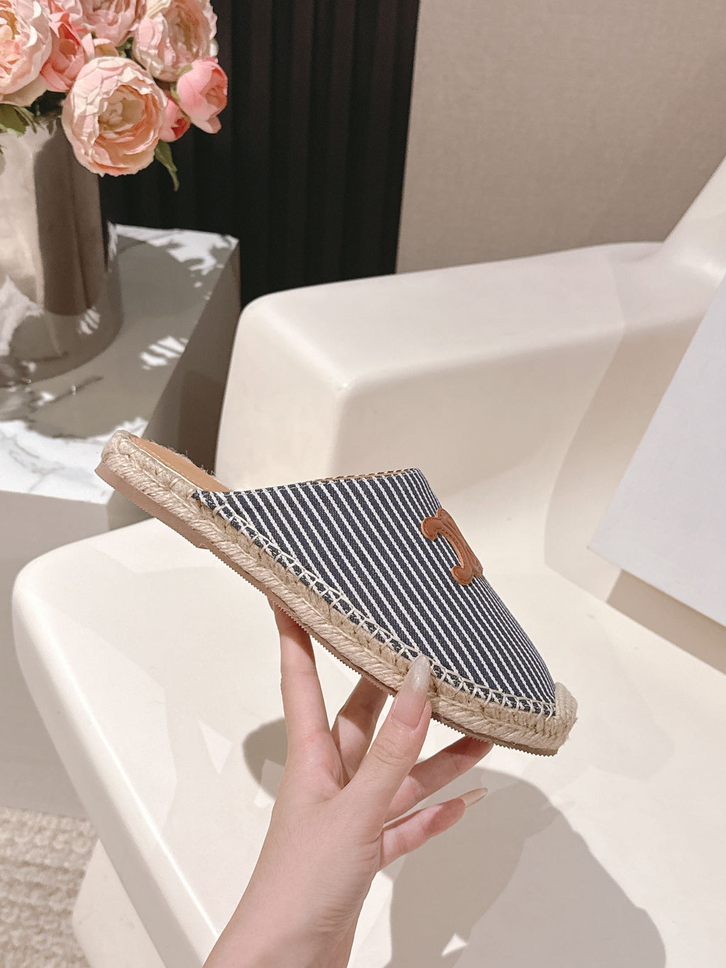 CELINE 25S LES ESPADRILLES MULE IN BLUE STRIPES CANVAS