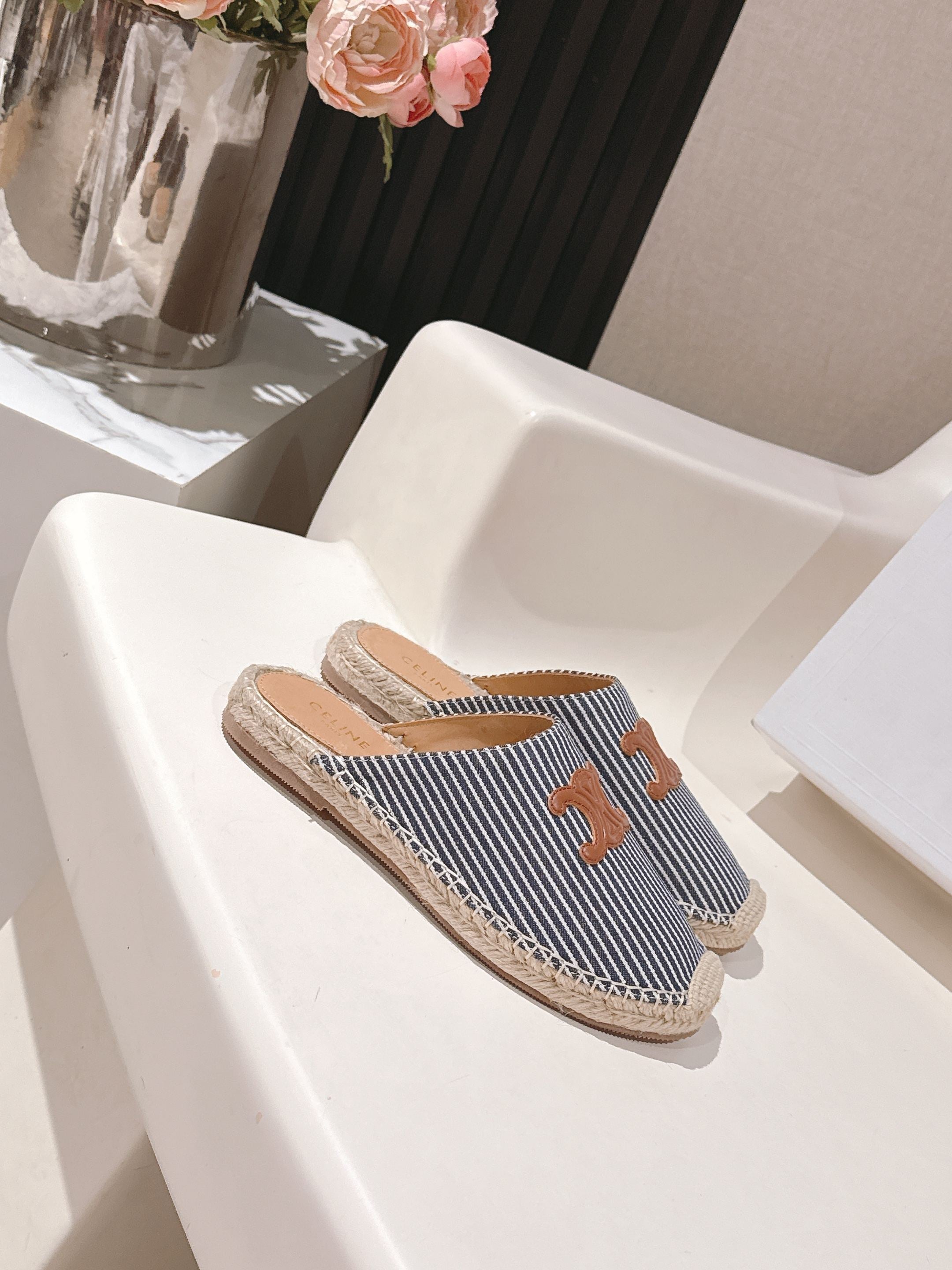 CELINE 25S LES ESPADRILLES MULE IN BLUE STRIPES CANVAS