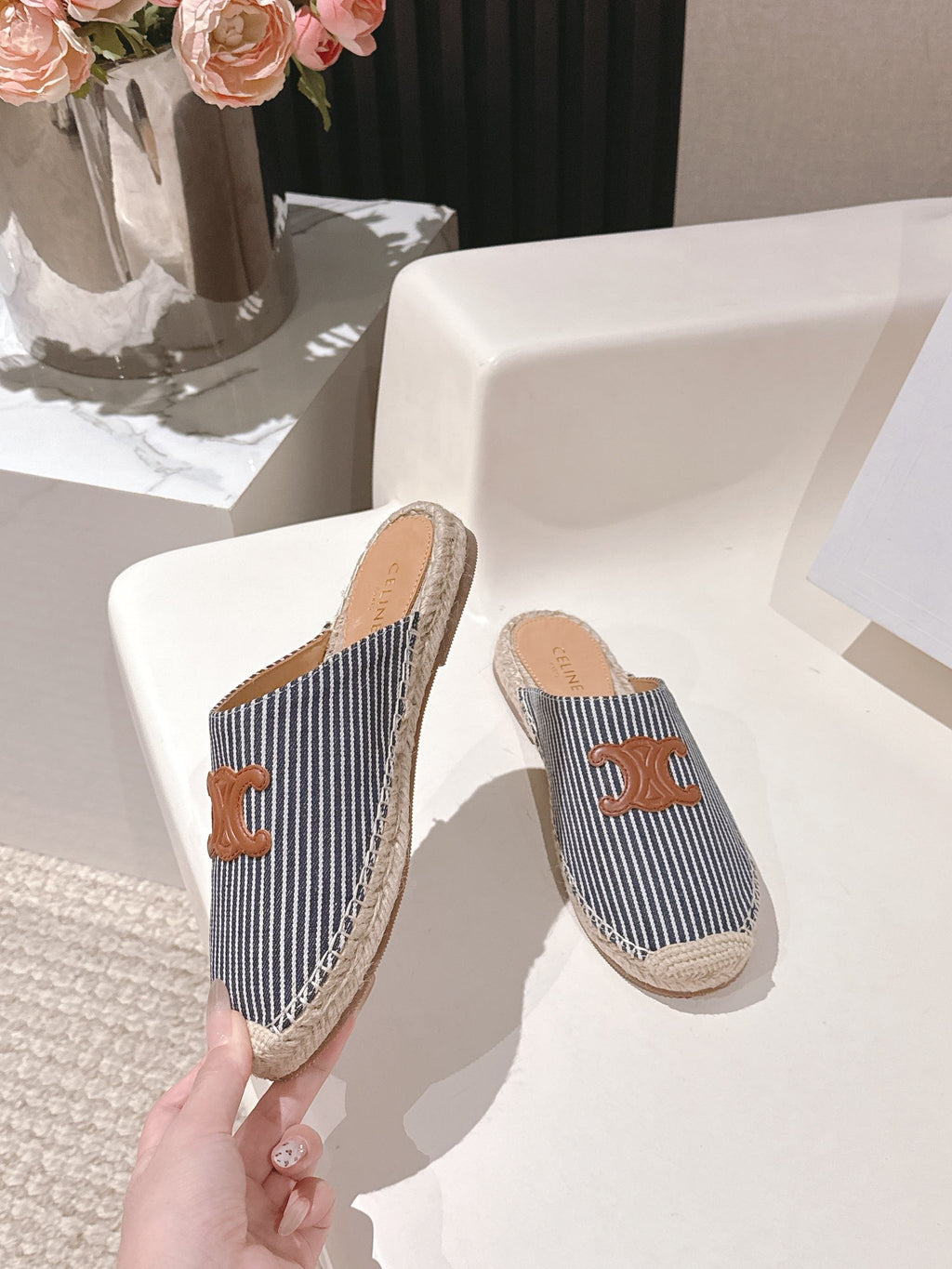 CELINE 25S LES ESPADRILLES MULE IN BLUE STRIPES CANVAS