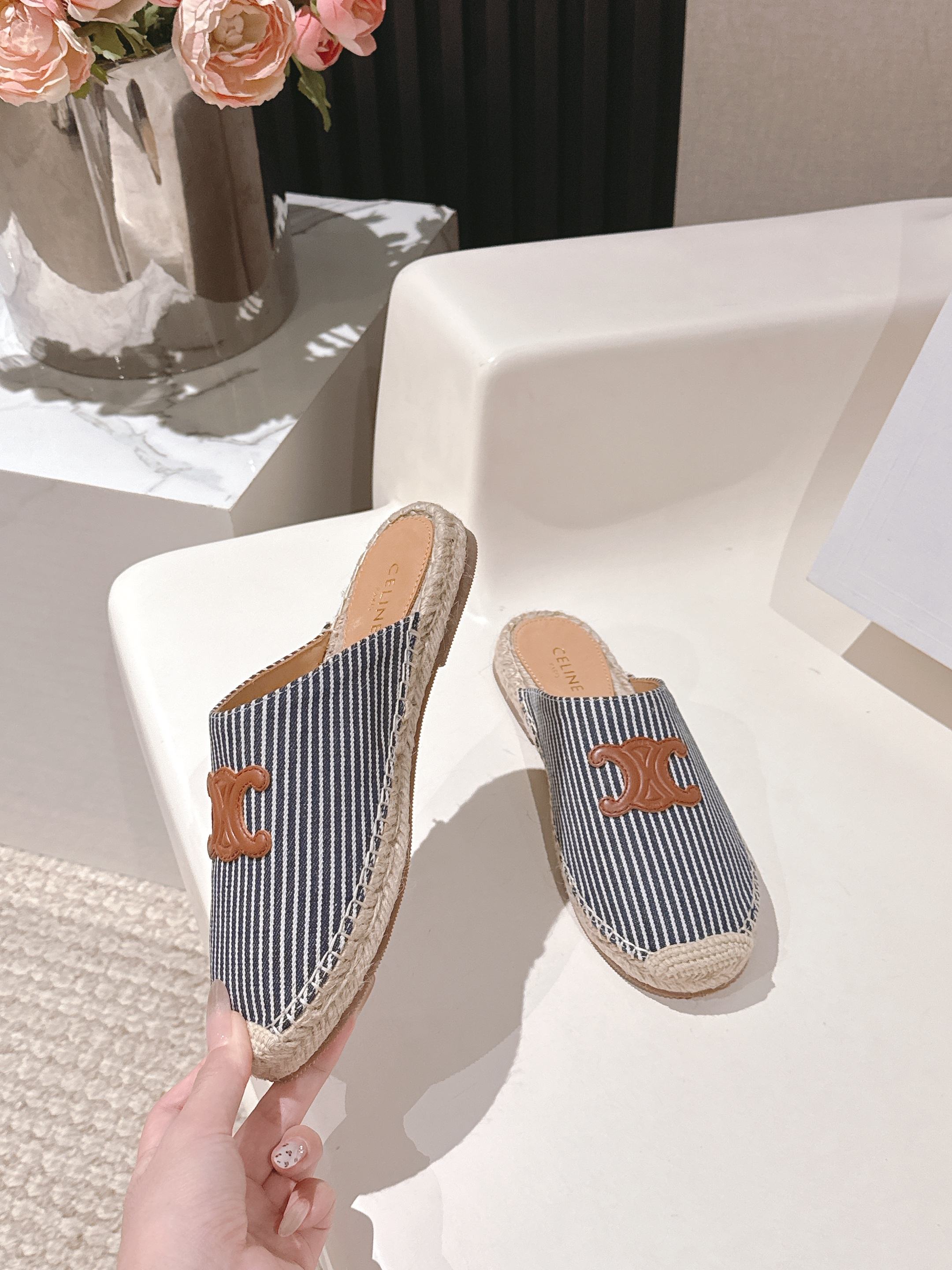 CELINE 25S LES ESPADRILLES MULE IN BLUE STRIPES CANVAS
